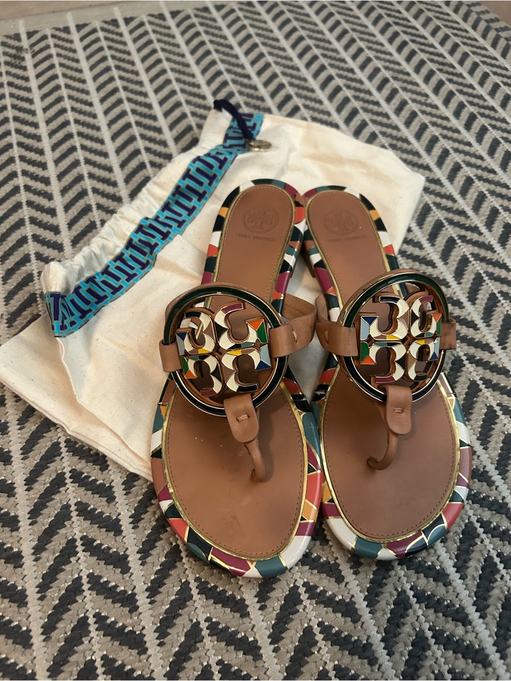 Tory Burch Miller Logo Toe-Post Sandals in Tan with Multicolor Trim